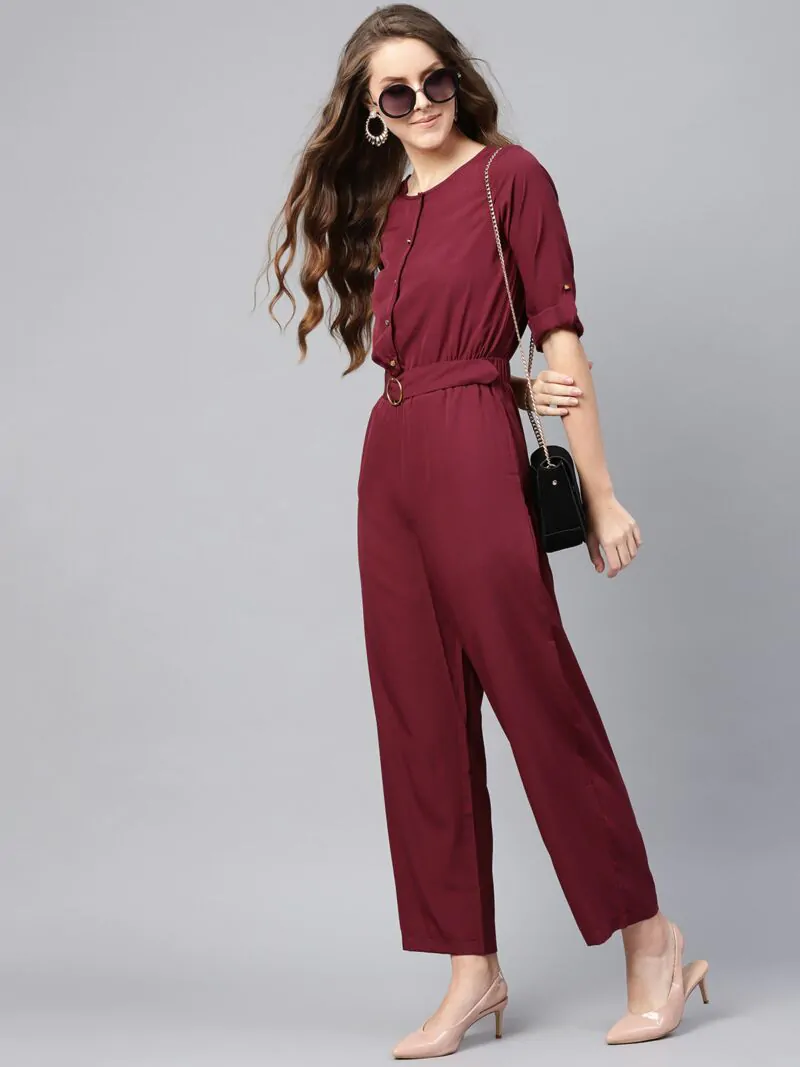 Women Maroon Solid Basic Jumpsuit