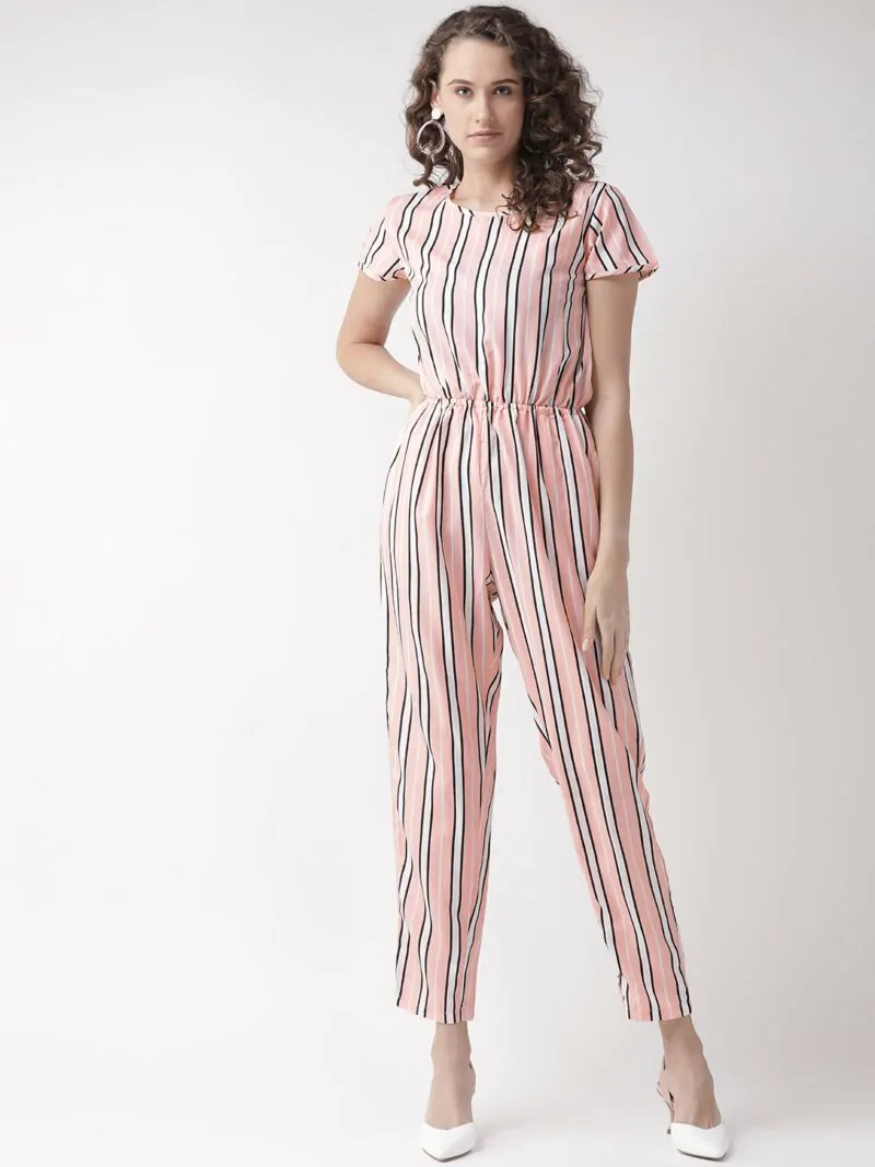 Women Pink & White Striped Basic Jumpsuit