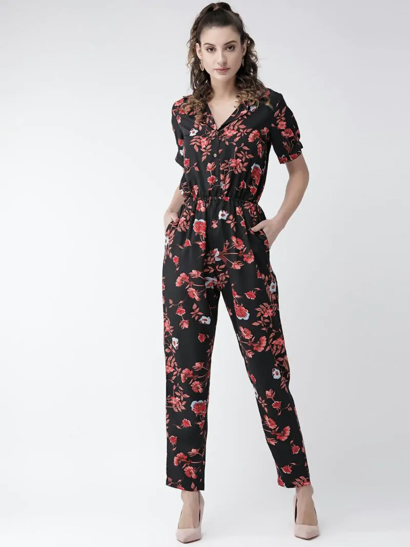 Women Black & Pink Printed Basic Jumpsuit