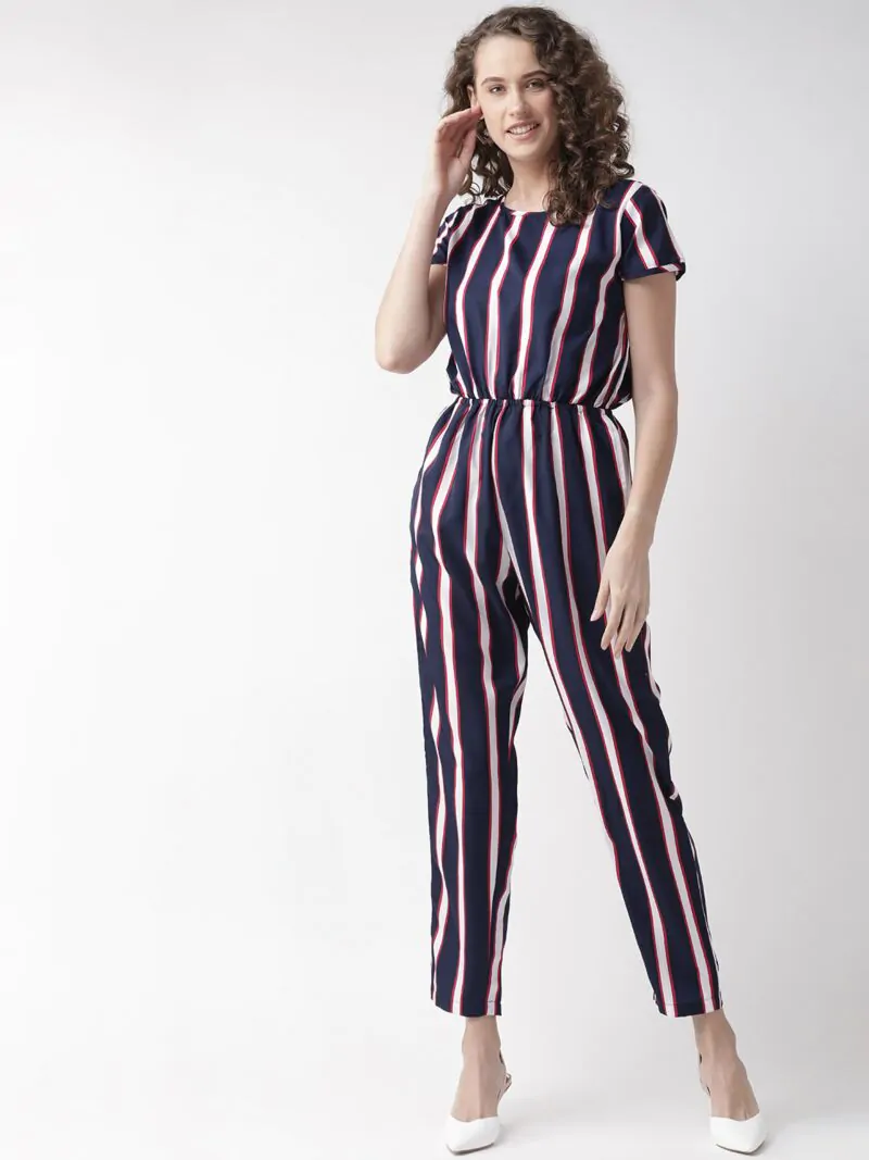 Women Navy Blue & White Striped Basic Jumpsuit