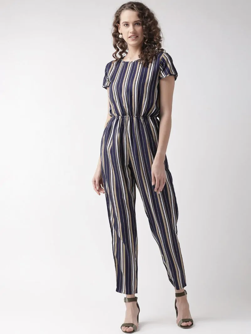 Women Navy Blue & Beige Striped Basic Jumpsuit