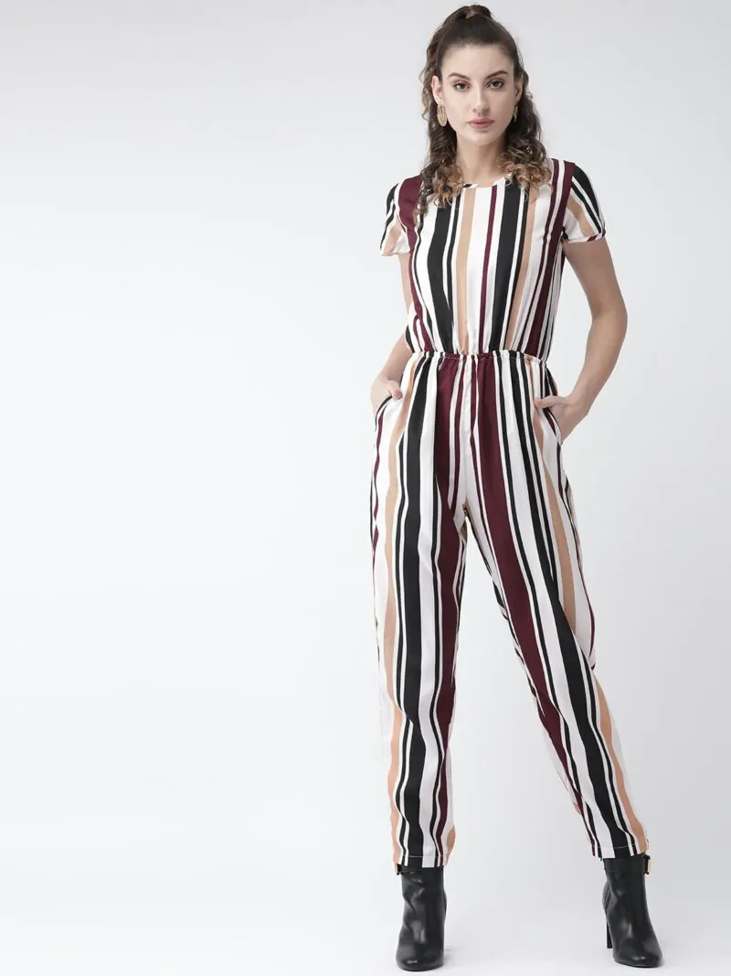 Women Off-White & Burgundy Striped Basic Jumpsuit