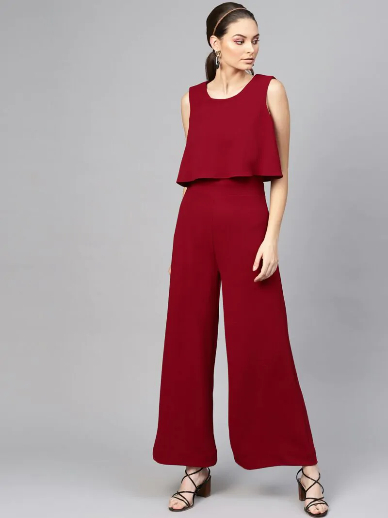 Women Maroon Solid Layered Basic Jumpsuit
