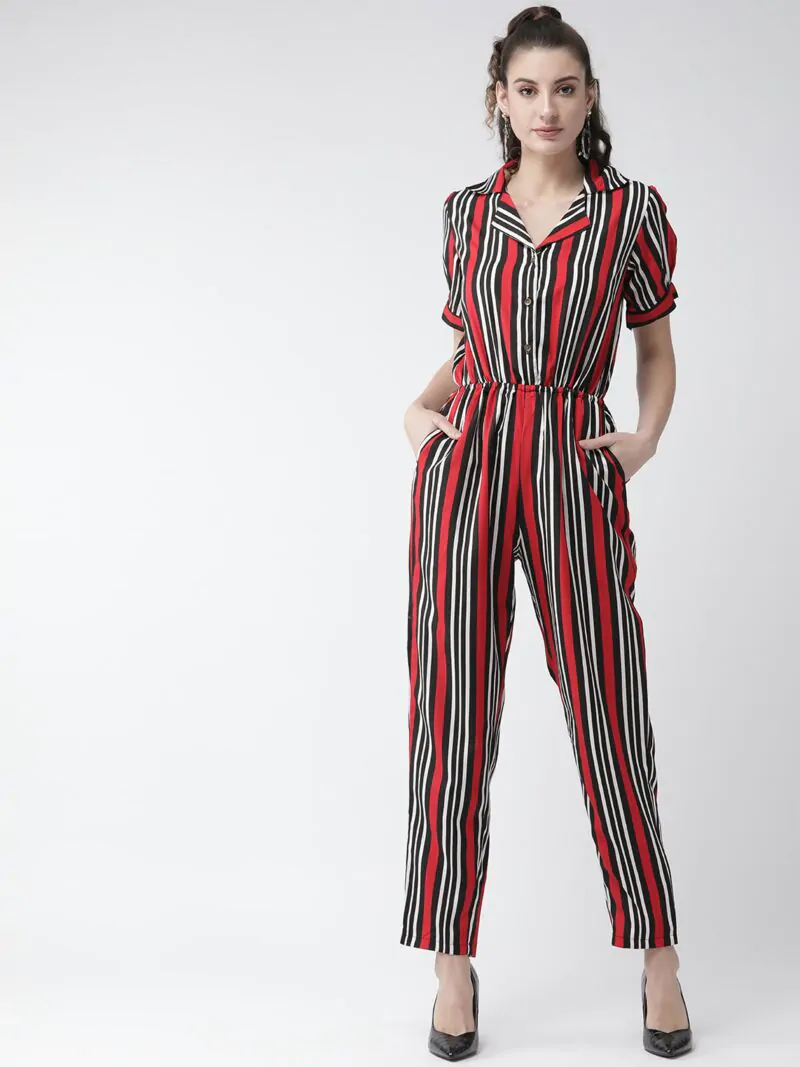 Women Black & Red Striped Basic Jumpsuit