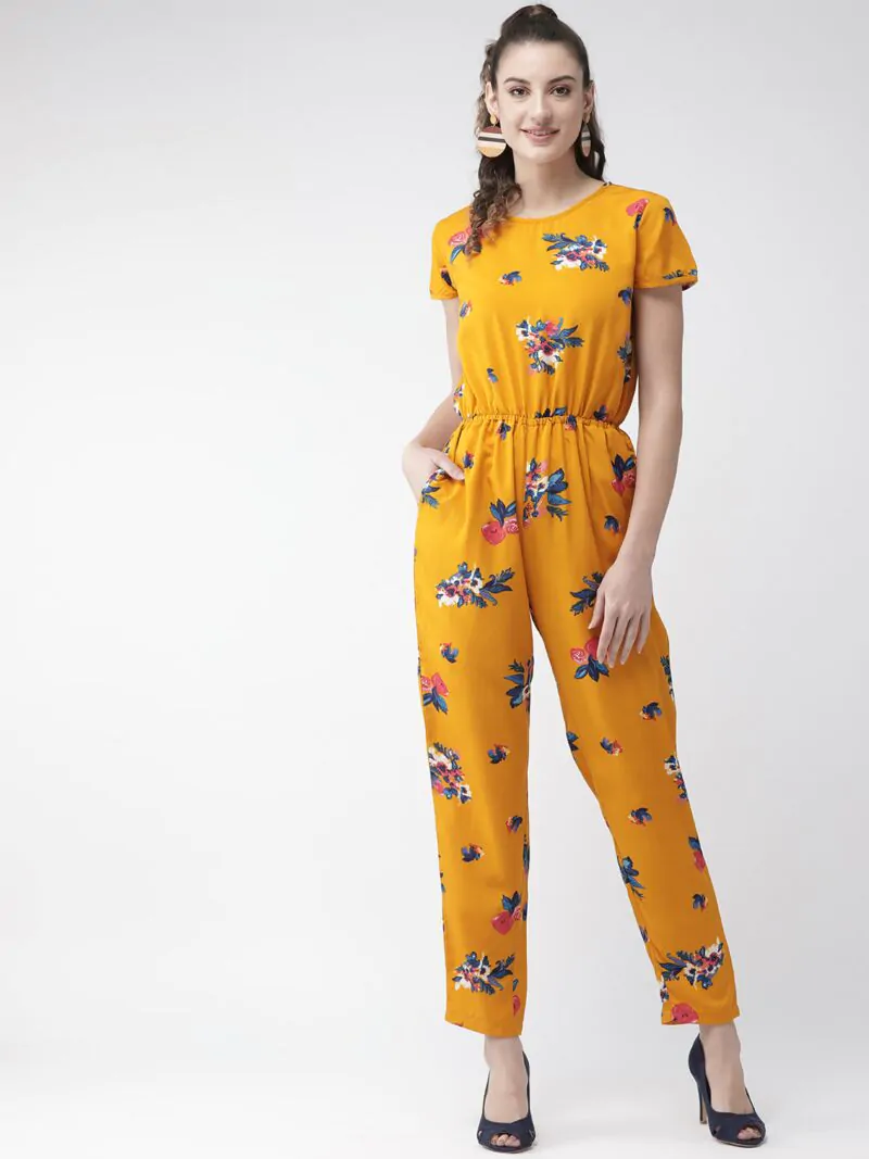 Women Mustard Yellow & Blue Printed Basic Jumpsuit