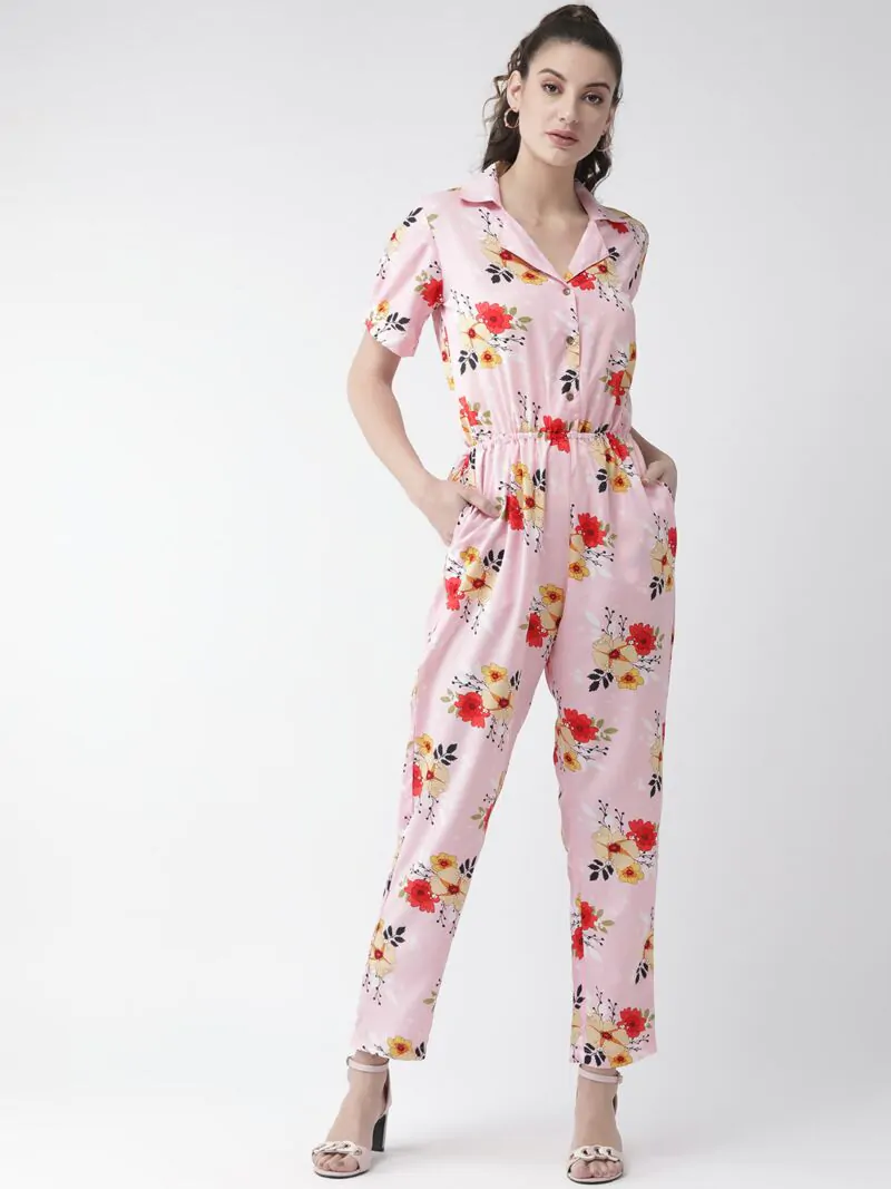 Women Pink & Red Printed Basic Jumpsuit
