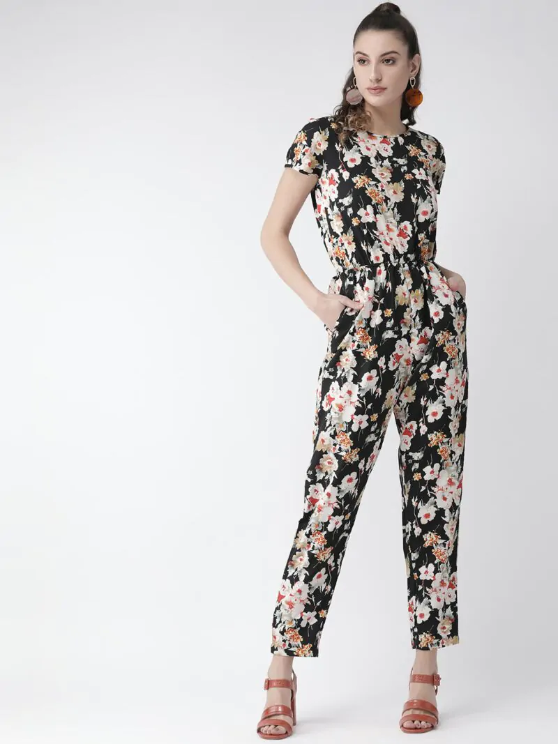 Women Black & Off-White Printed Basic Jumpsuit