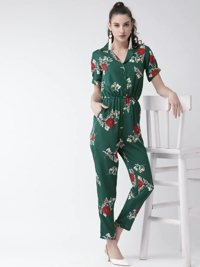 Women Green & Off-White Printed Basic Jumpsuit