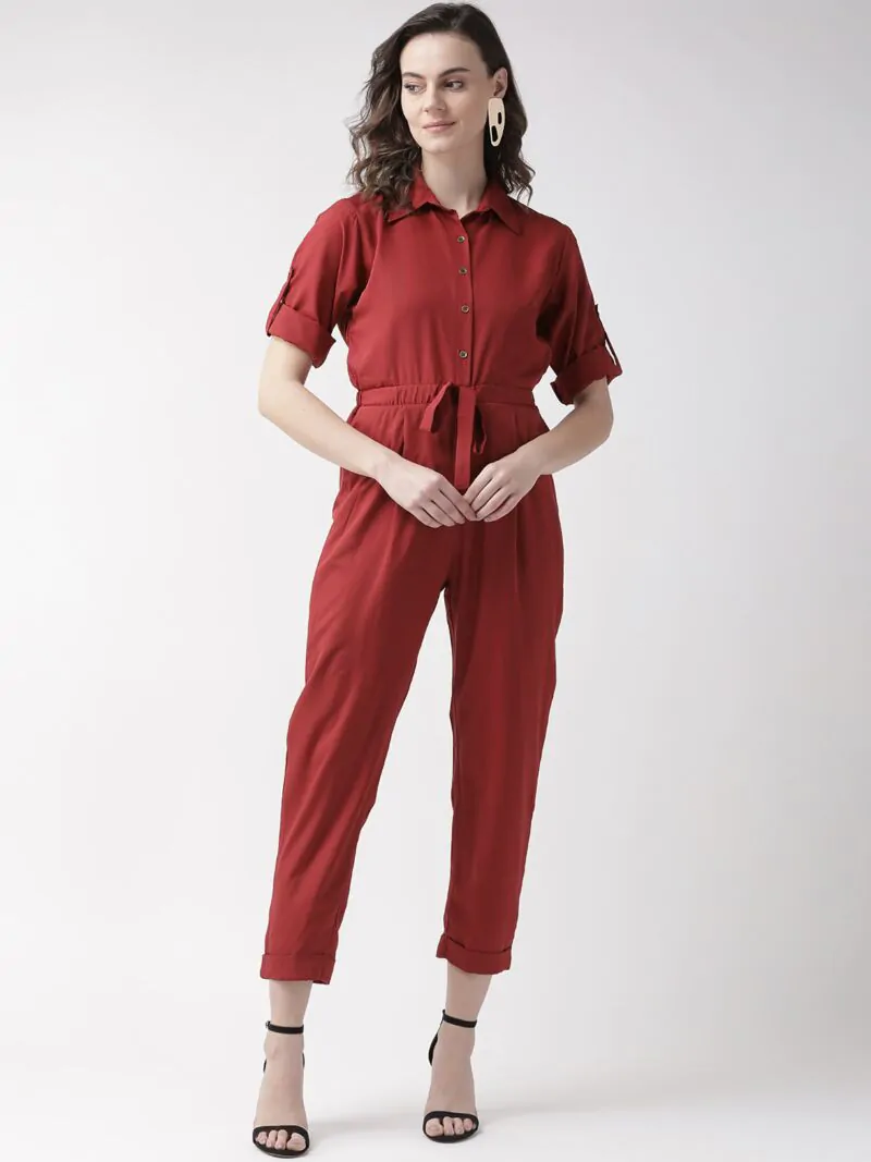 Women Maroon Solid Basic Jumpsuit