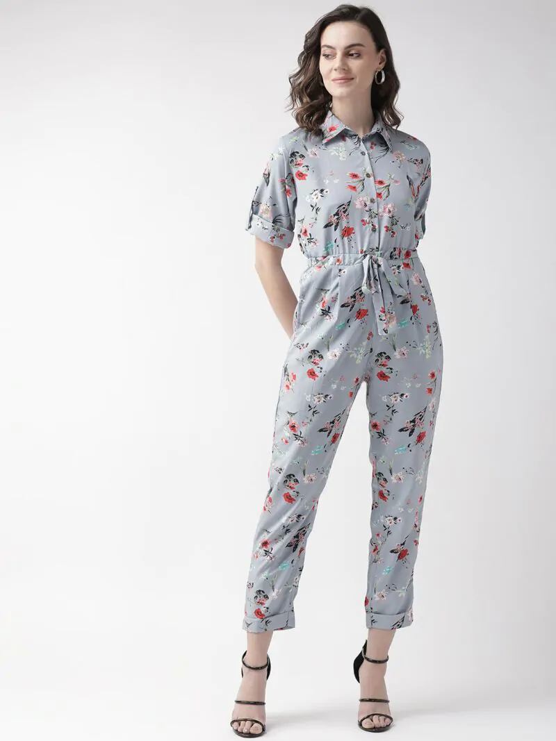 Women Grey & Red Printed Basic Jumpsuit