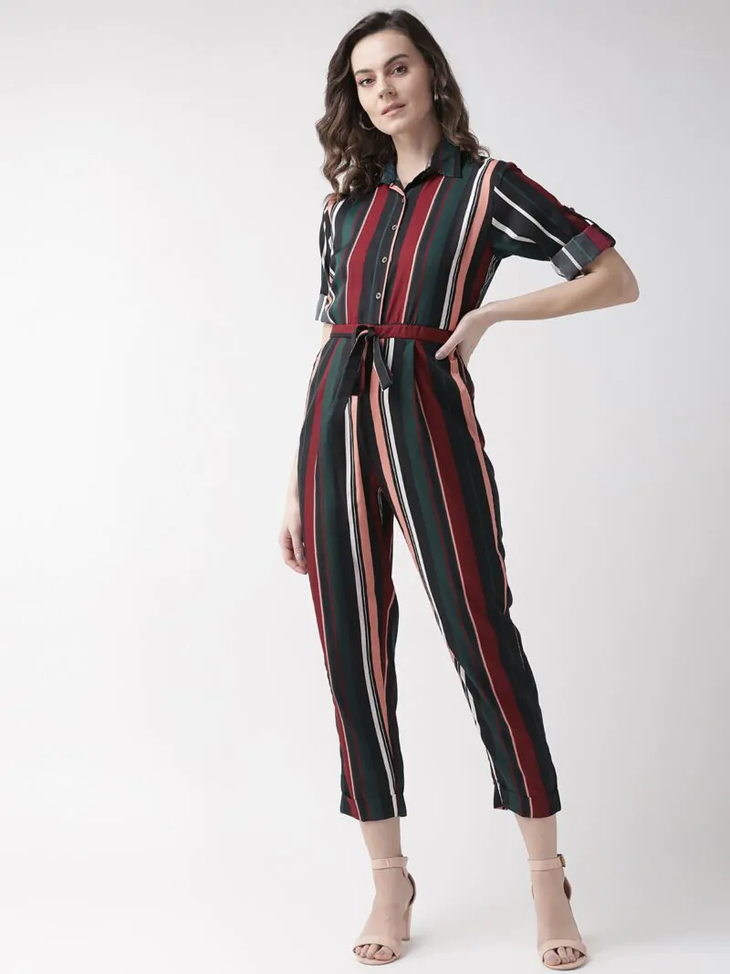 Women Maroon & Black Striped Basic Jumpsuit