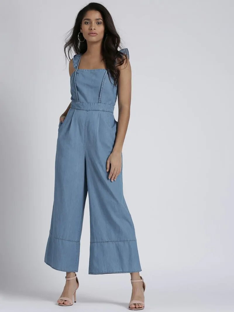 Blue Solid Chambray Basic Jumpsuit