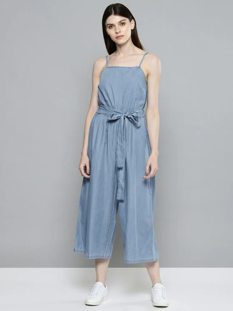 Women Blue Solid Chambray Basic Jumpsuit