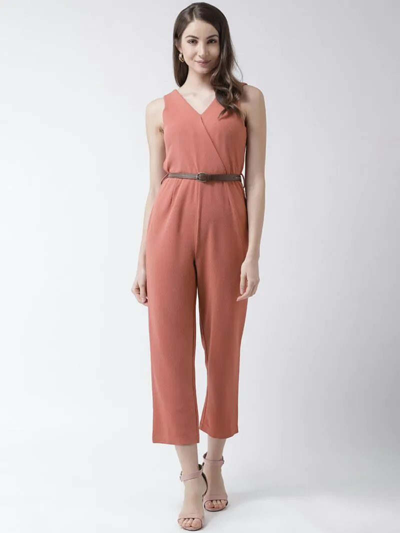 Women Peach-Coloured Solid Wrap Basic Jumpsuit