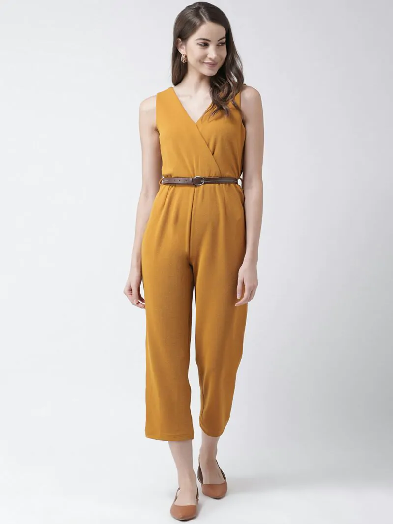 Women Mustard Yellow Solid Basic Jumpsuit