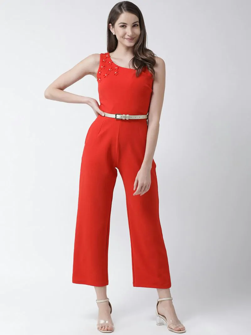 Women Red Solid Basic Jumpsuit