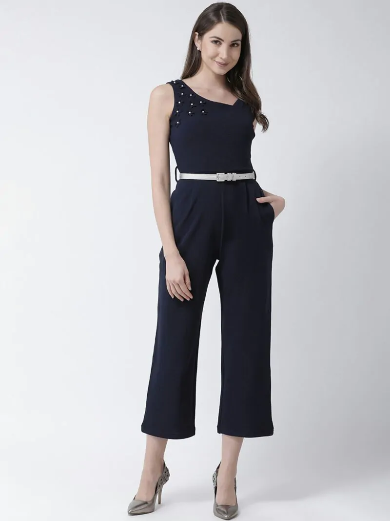 Women Navy Blue Solid Basic Jumpsuit