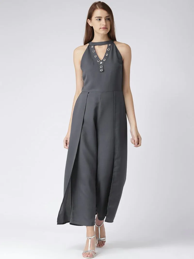 Women Charcoal Grey Solid Layered Basic Jumpsuit