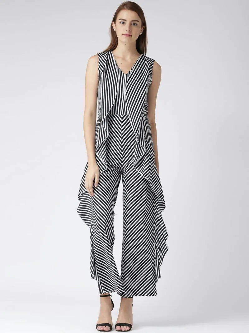 Women Black & White Striped Ruffled Basic Jumpsuit