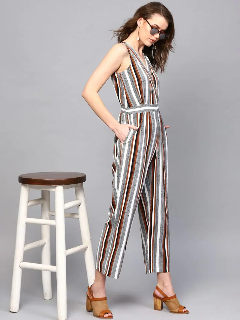 White & Black Striped Basic Jumpsuit