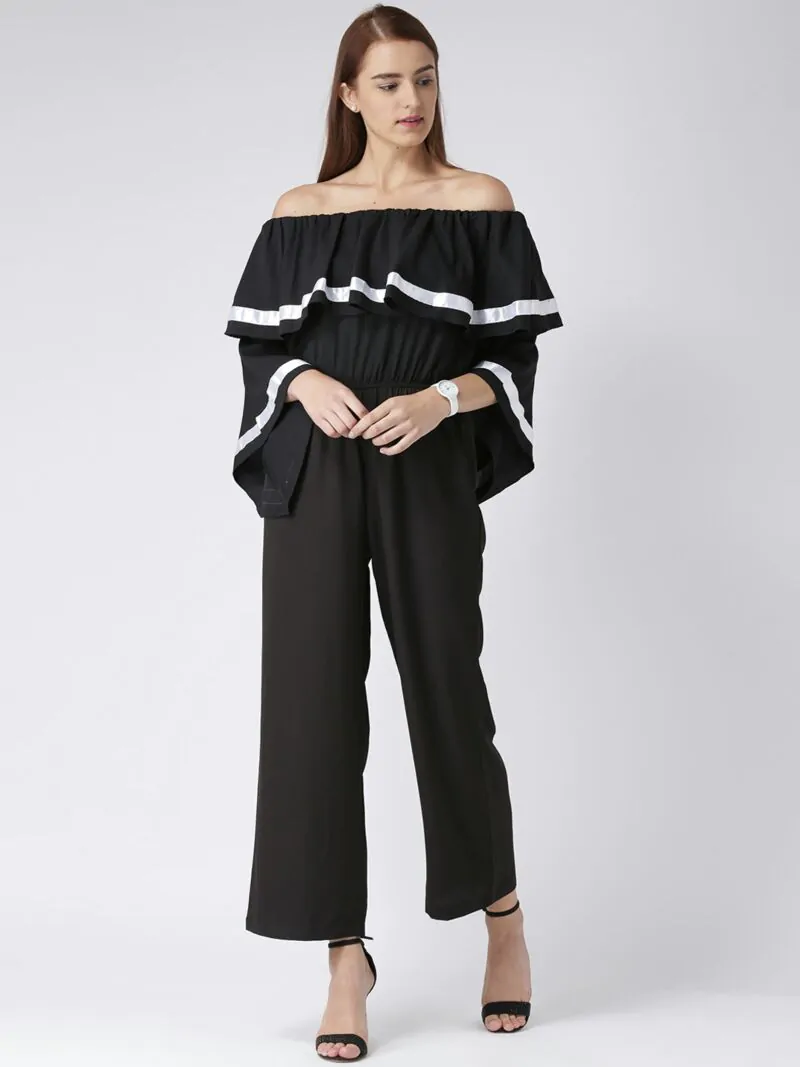 Women Black Solid Ruffled Basic Jumpsuit