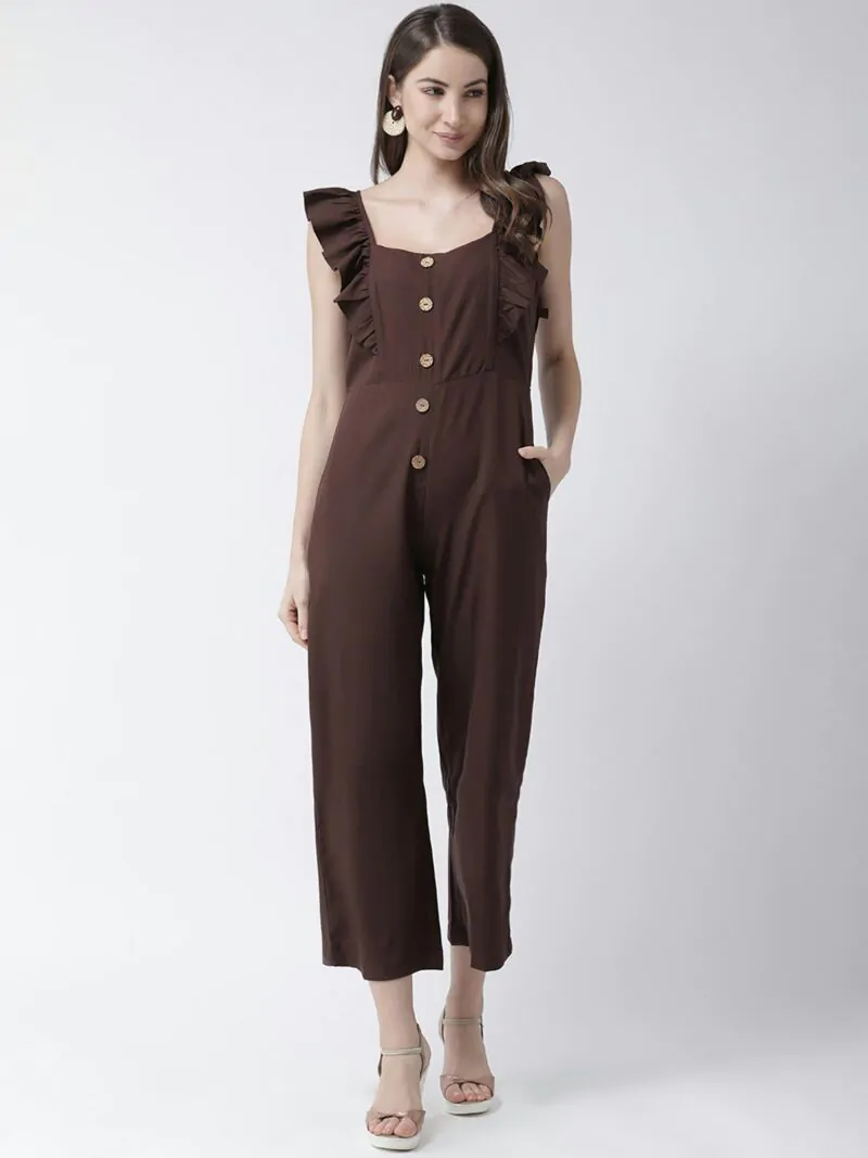 Women Brown Solid Basic Jumpsuit