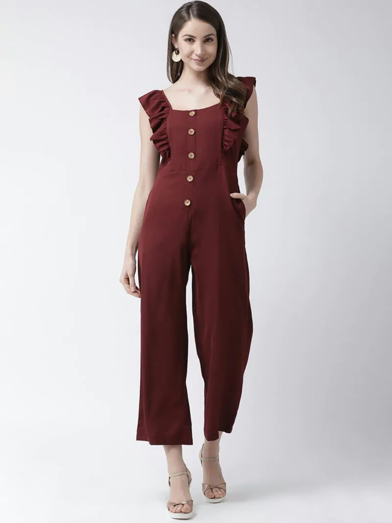 Women Burgundy Solid Basic Jumpsuit