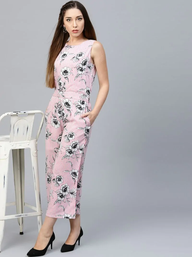 Pink & White Striped Cropped Jumpsuit