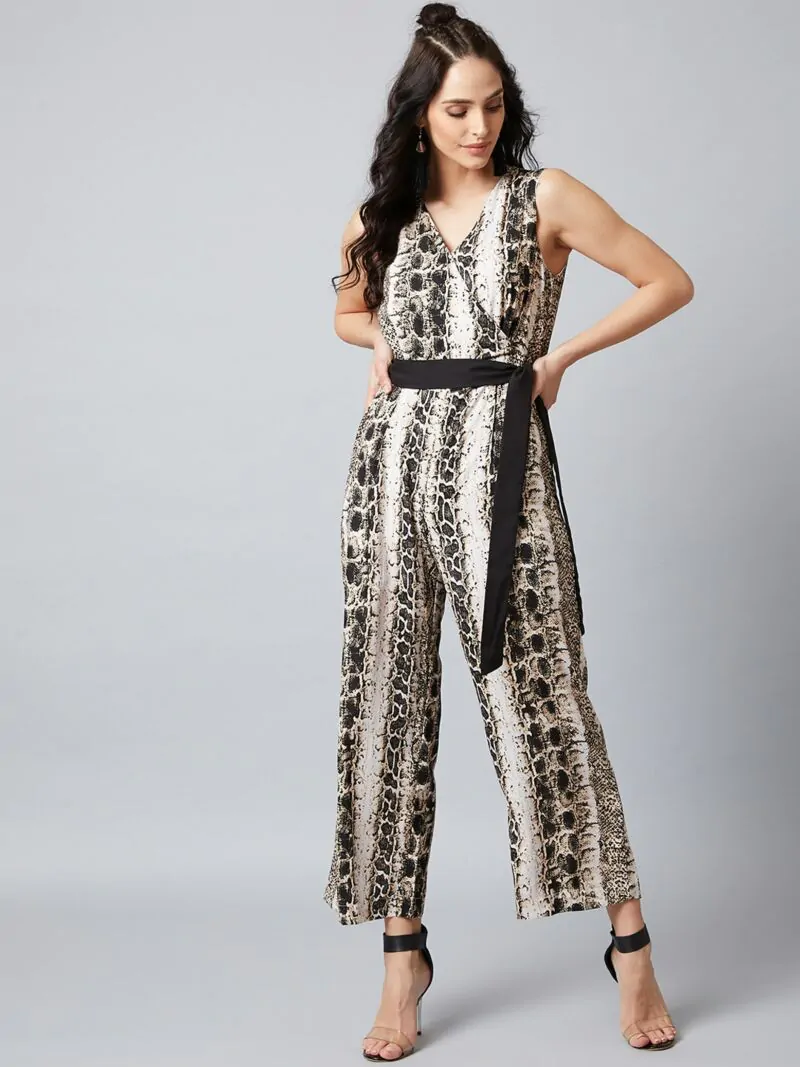 Women Beige & Black Printed Basic Jumpsuit