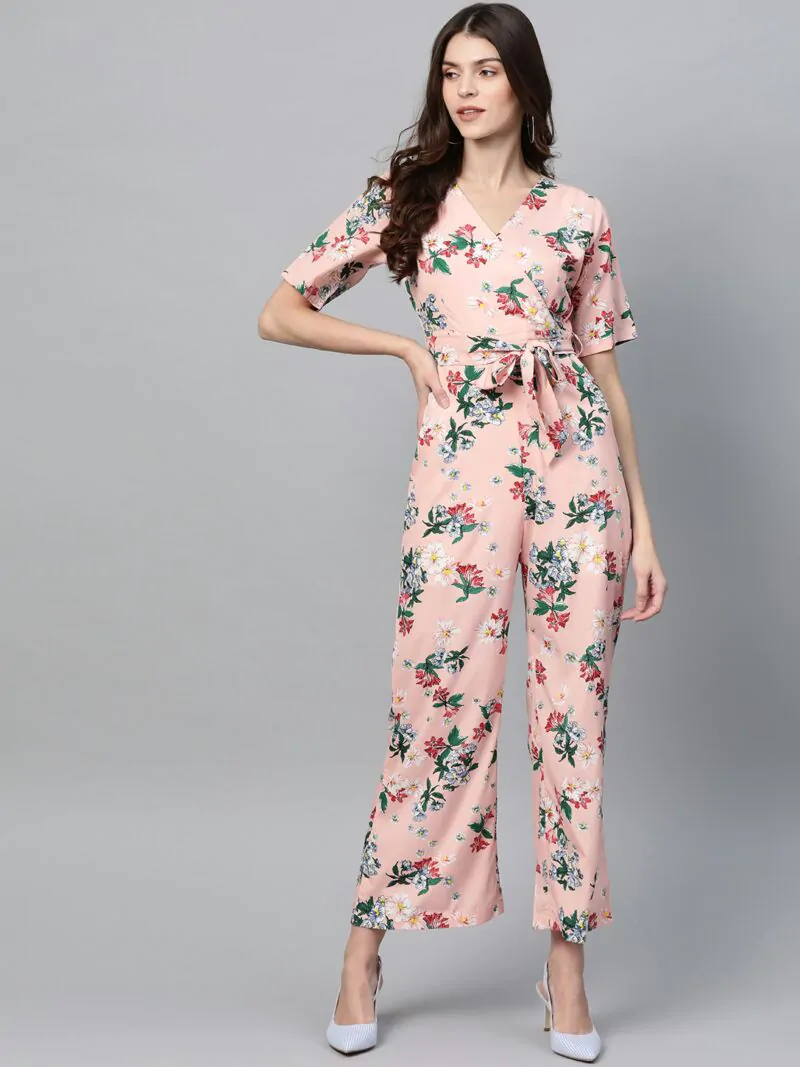 Women Pink & Green Floral Print Basic Jumpsuit