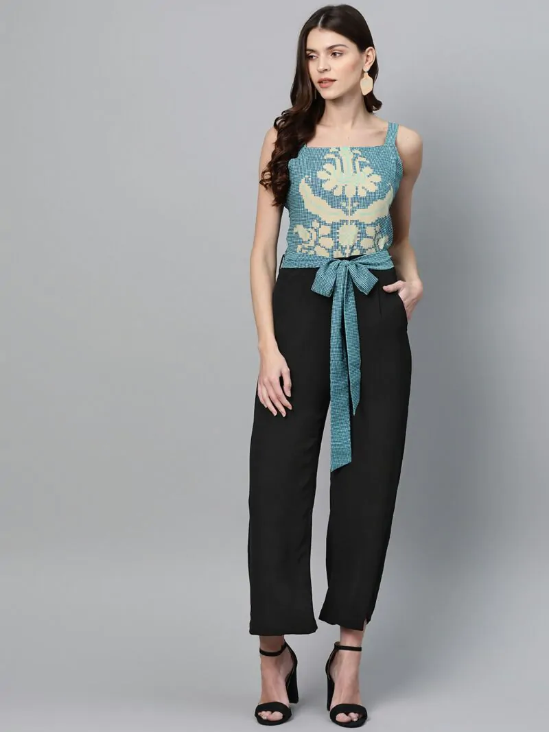 Women Blue & Black Printed Basic Jumpsuit