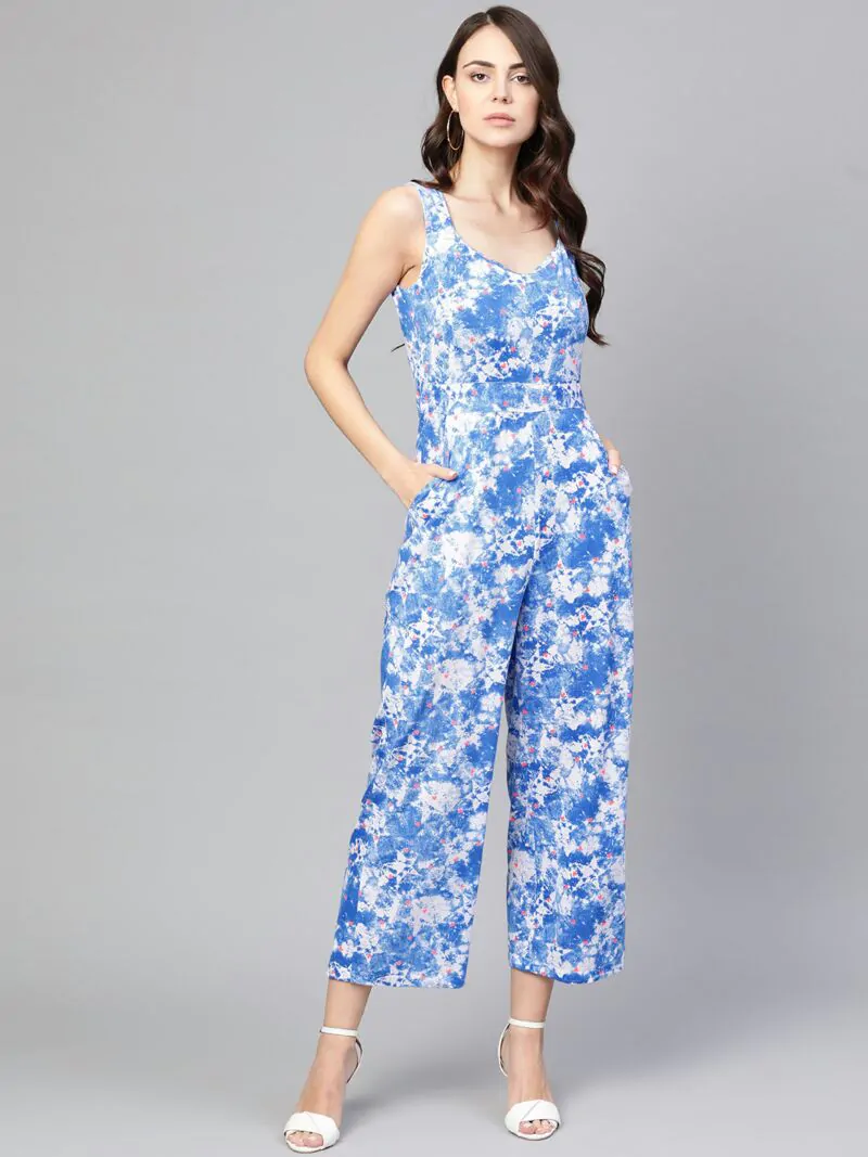 Women Blue & White Printed Basic Jumpsuit