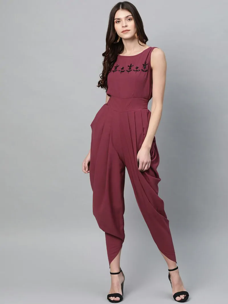 Women Burgundy Solid Dhoti Style Jumpsuit