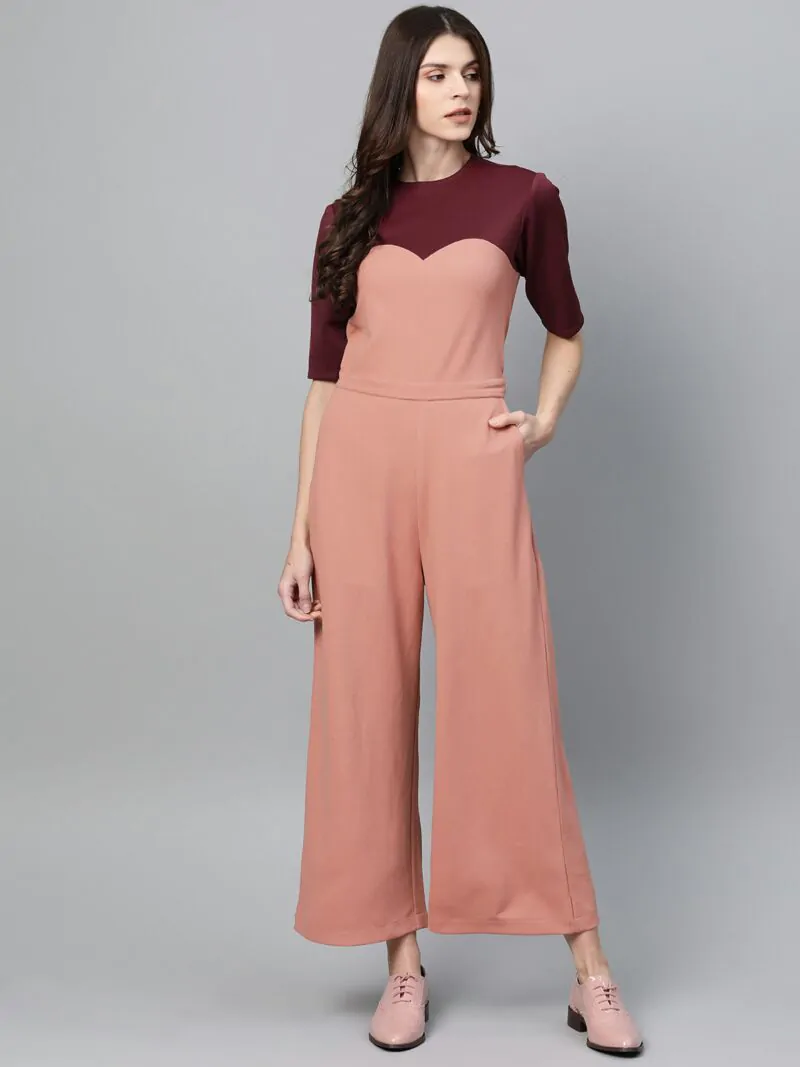 Women Dusty Pink & Burgundy Colourblocked Basic Jumpsuit