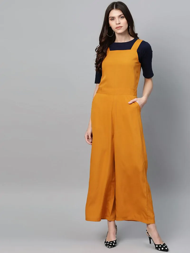 Women Mustard Yellow Solid Basic Jumpsuit with T-shirt