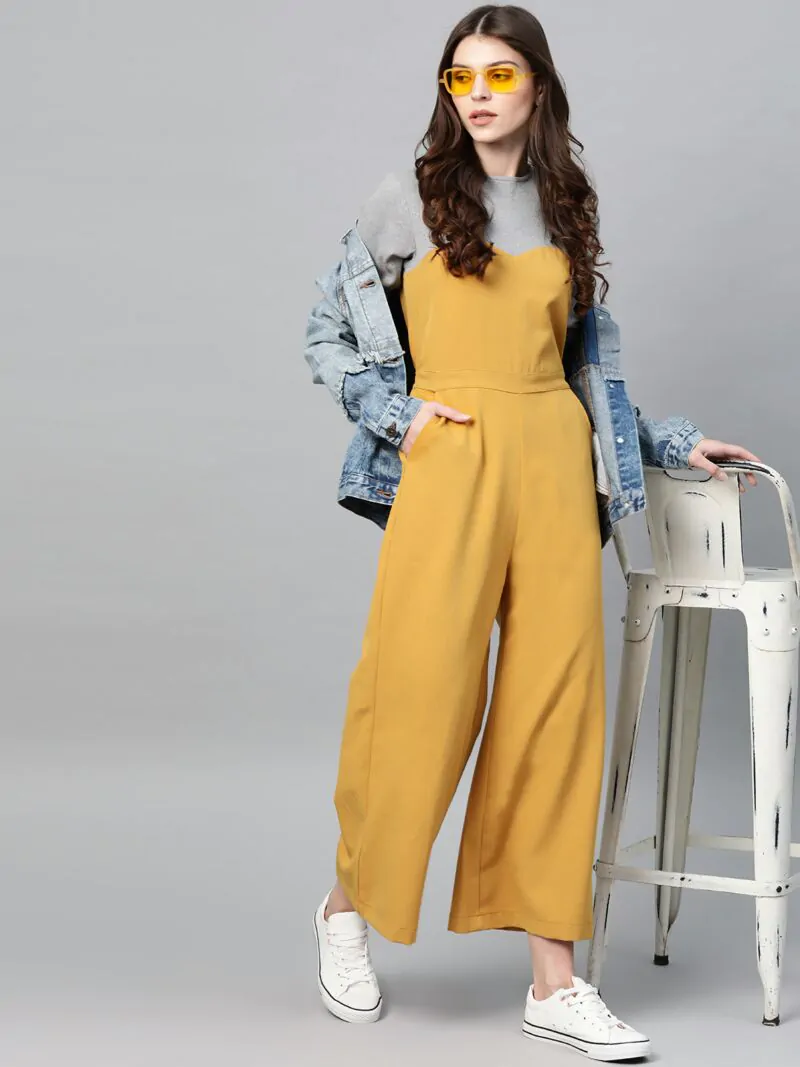 Women Mustard Yellow & Grey Melange Colourblocked Basic Jumpsuit