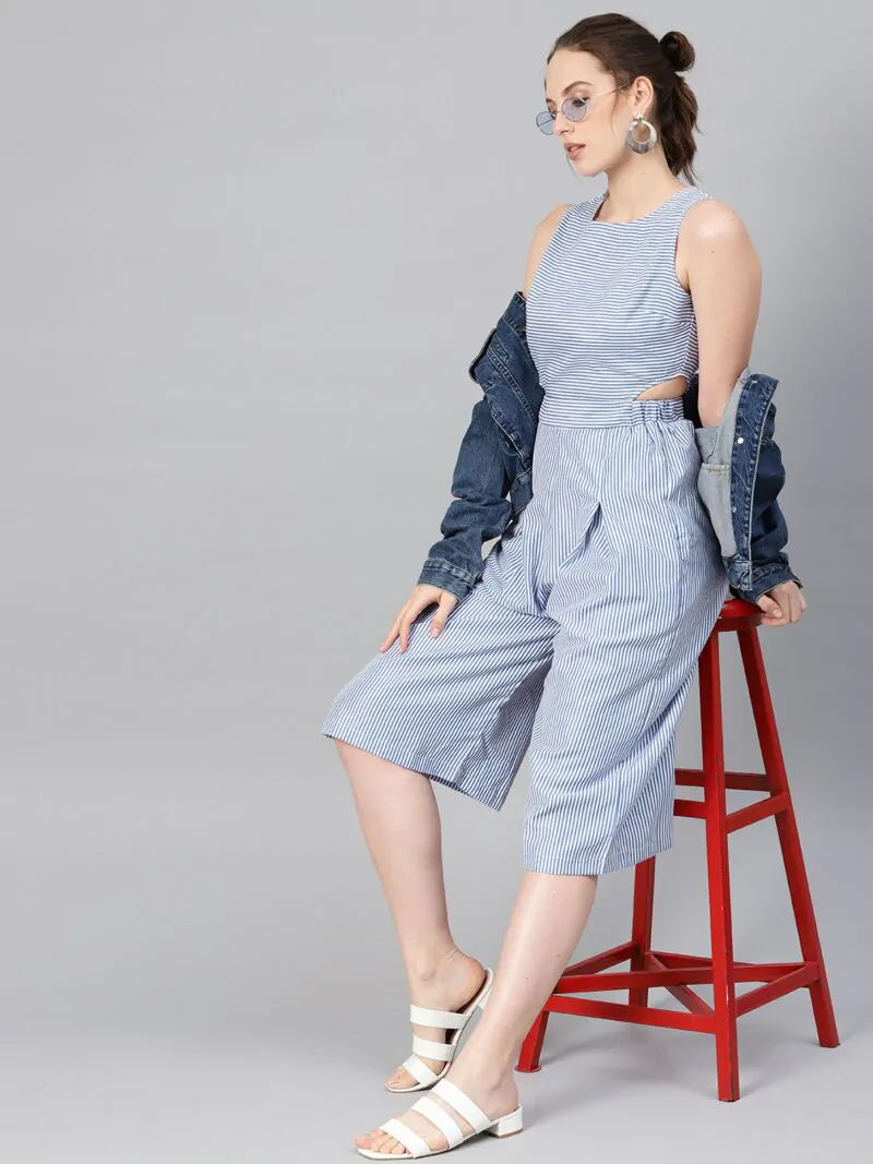 Women Blue & White Striped Culotte Jumpsuit