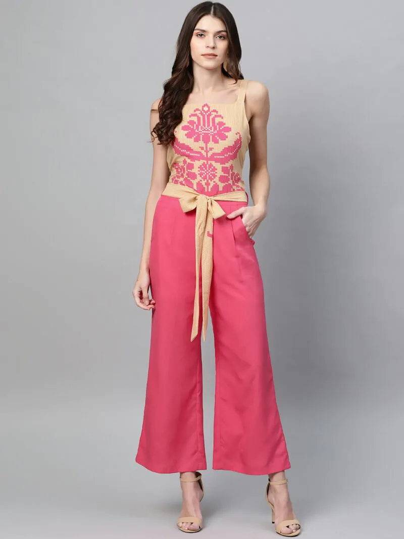 Women Pink & Beige Printed Basic Jumpsuit