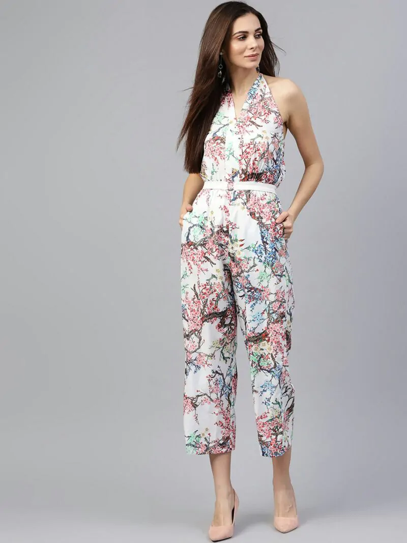 Women White & Pink Printed Culotte Jumpsuit