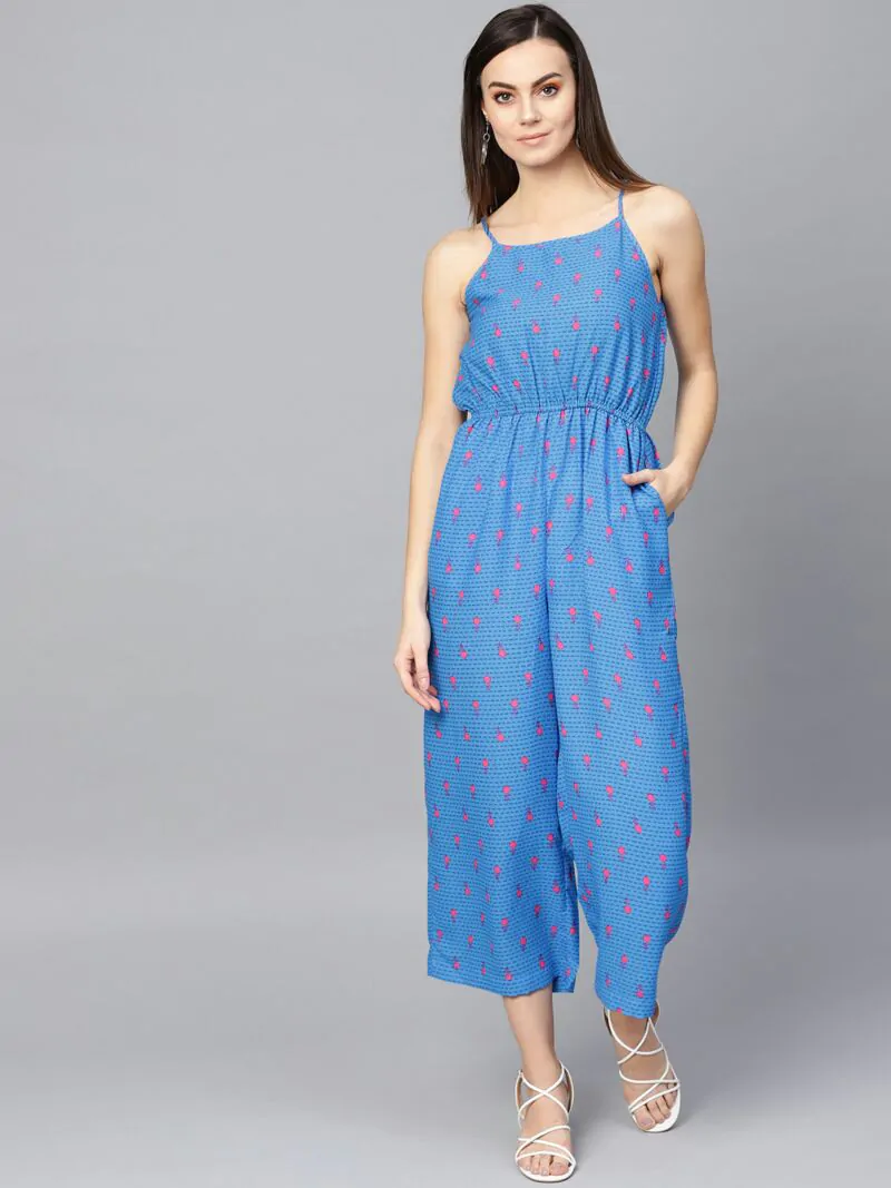 Women Blue & Pink Printed Basic Jumpsuit