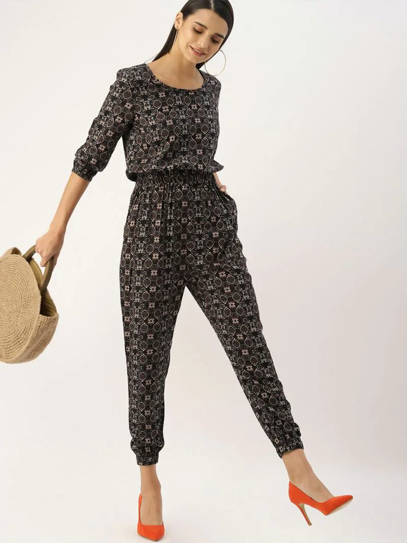Women Black & Beige Printed Basic Jumpsuit