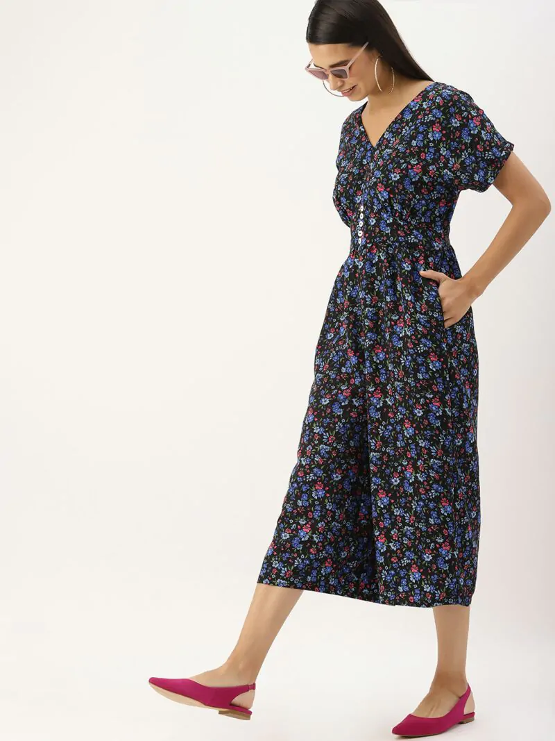 Women Black & Blue Printed Culotte Jumpsuit