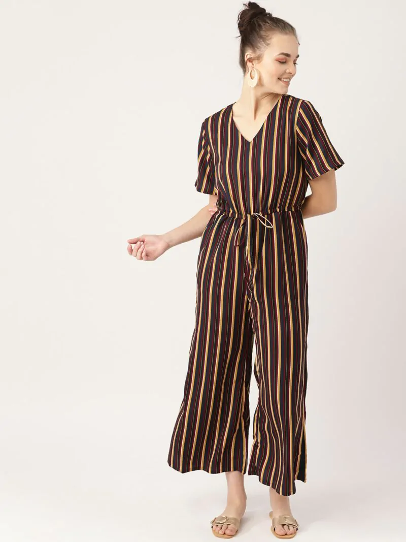 Women Black & Maroon Striped Basic Jumpsuit