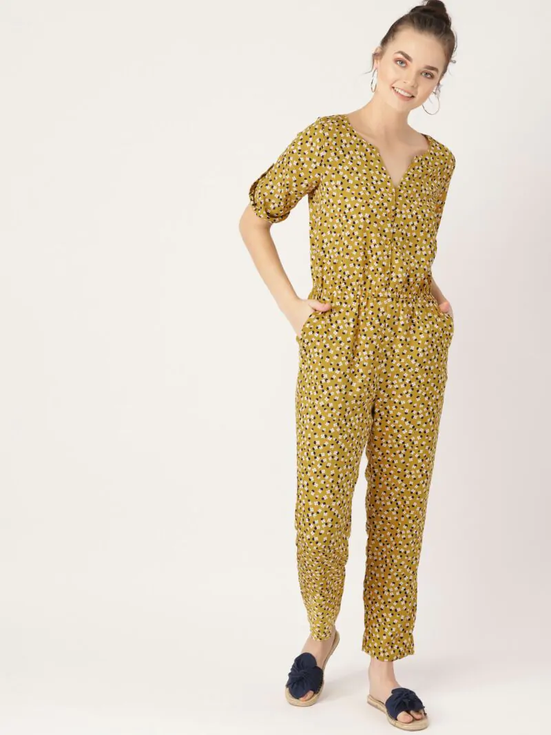 Women Mustard Yellow & Off-White Printed Basic Jumpsuit