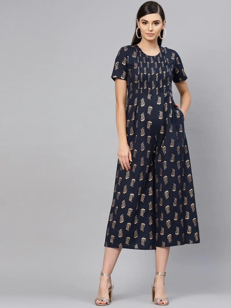 Women Navy Blue & Golden Printed Culotte Jumpsuit
