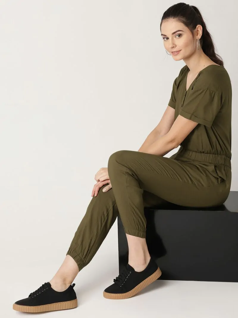 Women Olive Green Solid Basic Jumpsuit