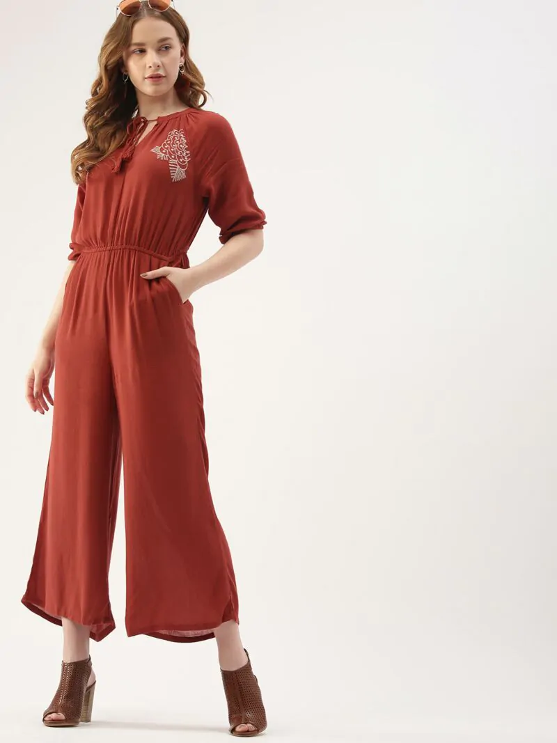 Women Rust Red Solid Basic Jumpsuit
