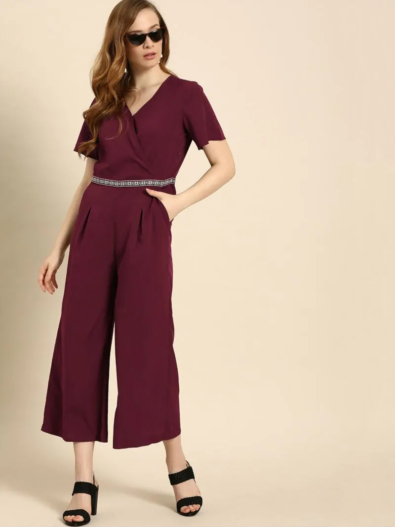 Women Maroon Solid Basic Jumpsuit