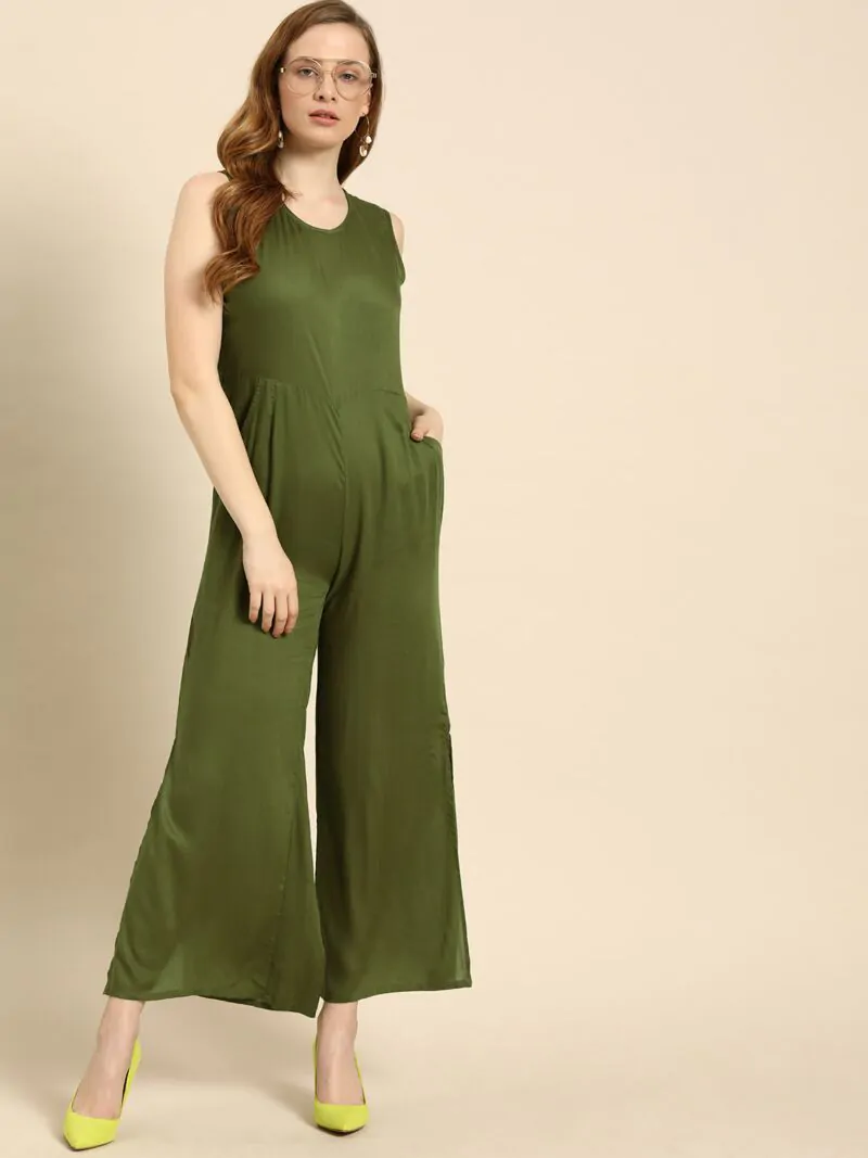 Women Olive Green Solid Basic Jumpsuit