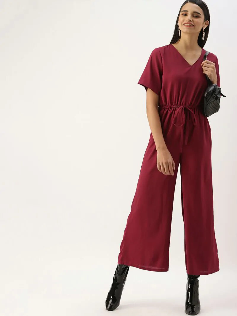 Women Maroon Solid Basic Jumpsuit